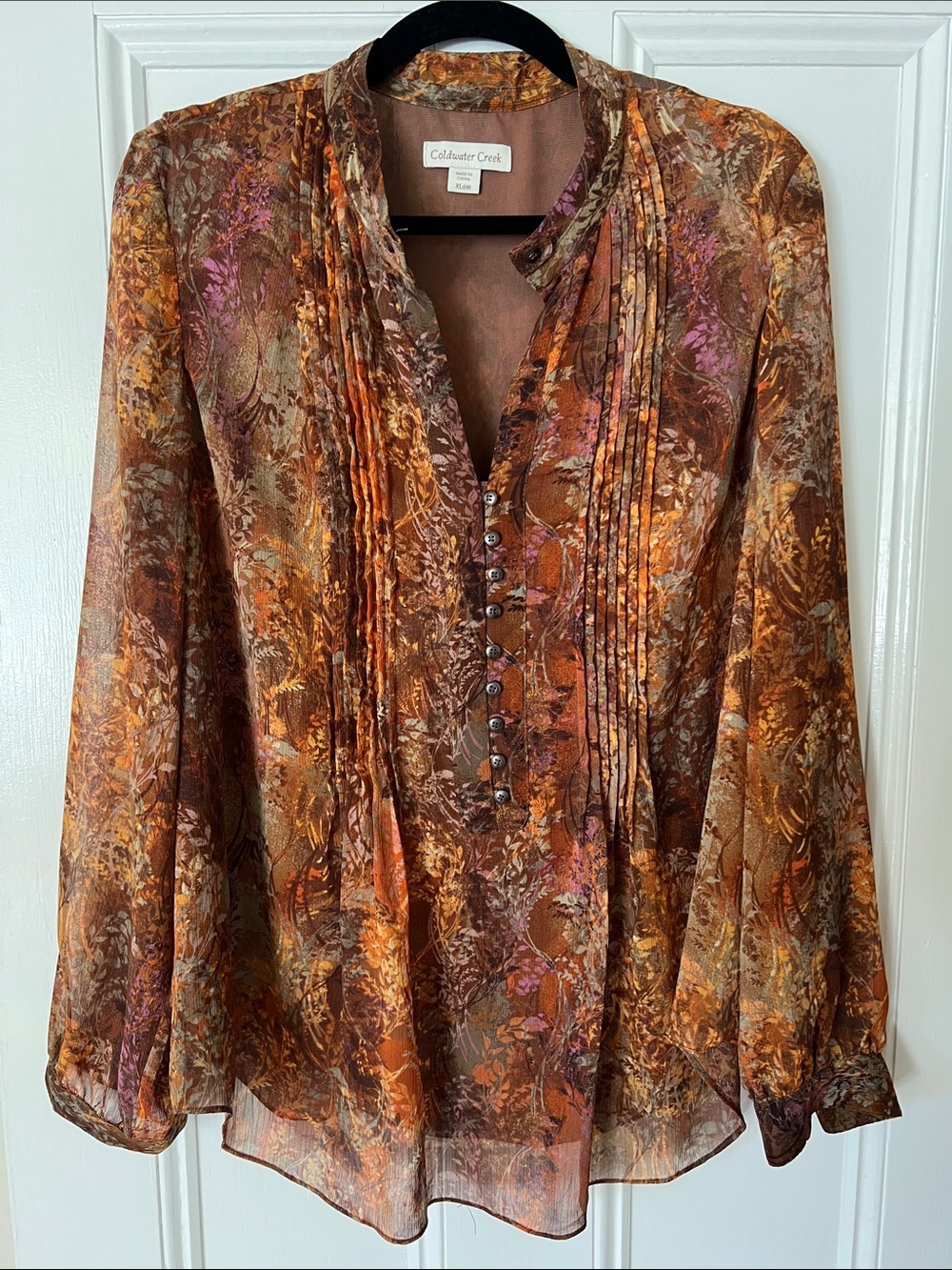 Coldwater Creek Brown Multi Floral Pintuck Henley Blouse